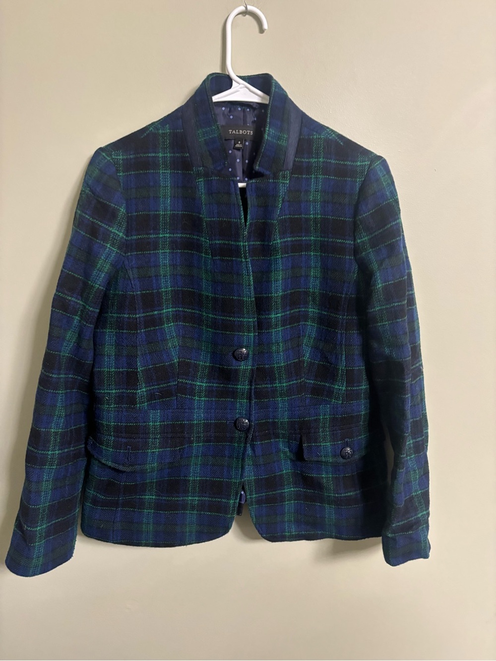 Talbots Women's Size 8 Black Watch Plaid Wool Blend Blazer Jacket Blue Green